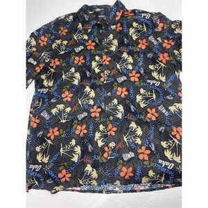 Consensus Mens XL Hawaiian Shirt Easy Care Tropical Palm Hibiscus Aloha Black